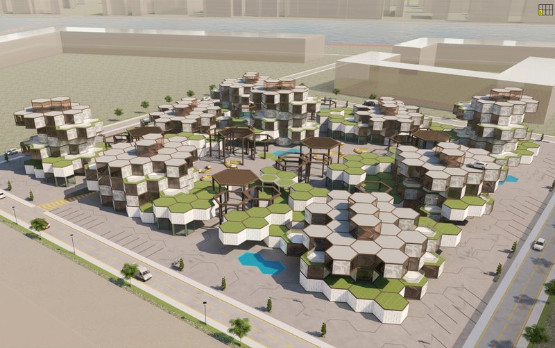 A modular co-living landscape formed by stacked hexagonal units, creating a flexible and interconnected urban habitat.