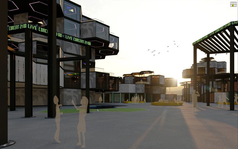 A lively shared plaza framed by elevated living modules and open-air structures designed for social interaction.