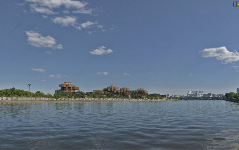 A calm waterfront skyline where clustered residential modules rise organically above the green edge.