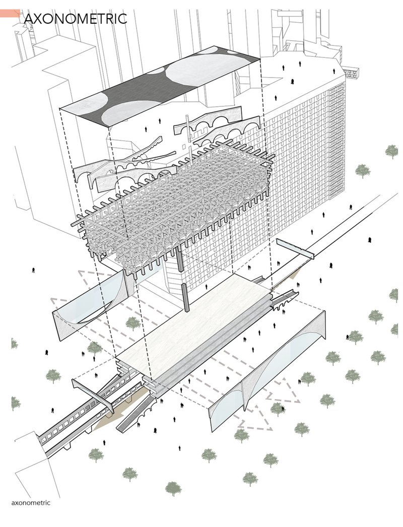 Layered mobility system integrating pedestrian, vehicular, and metro circulation within a unified structural grid.