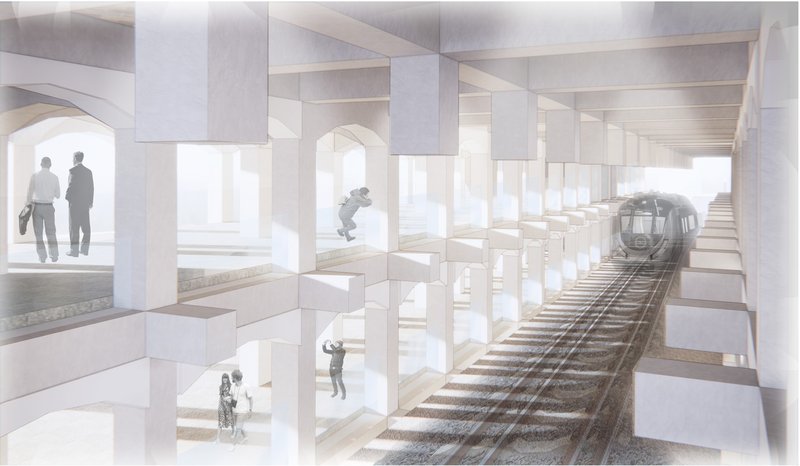 Light-filled metro corridor showcasing mortise-tenon-inspired column connections and layered pedestrian flow.