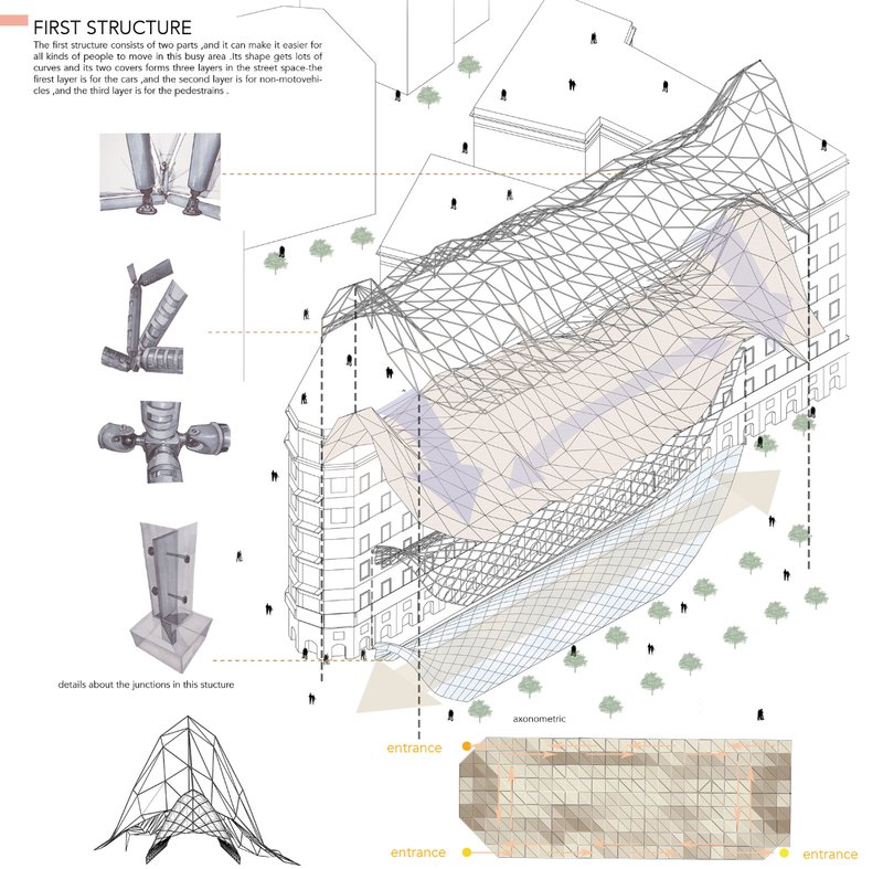 Parametric canopy connecting building façades and public ground, redefining the relationship between movement and form.