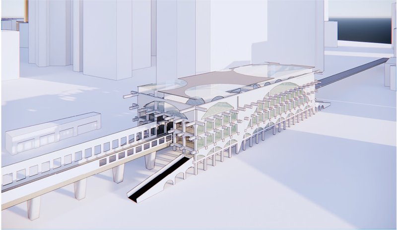 Simplified volumetric model illustrating the integration of the metro system with modular, parametric structural layers.