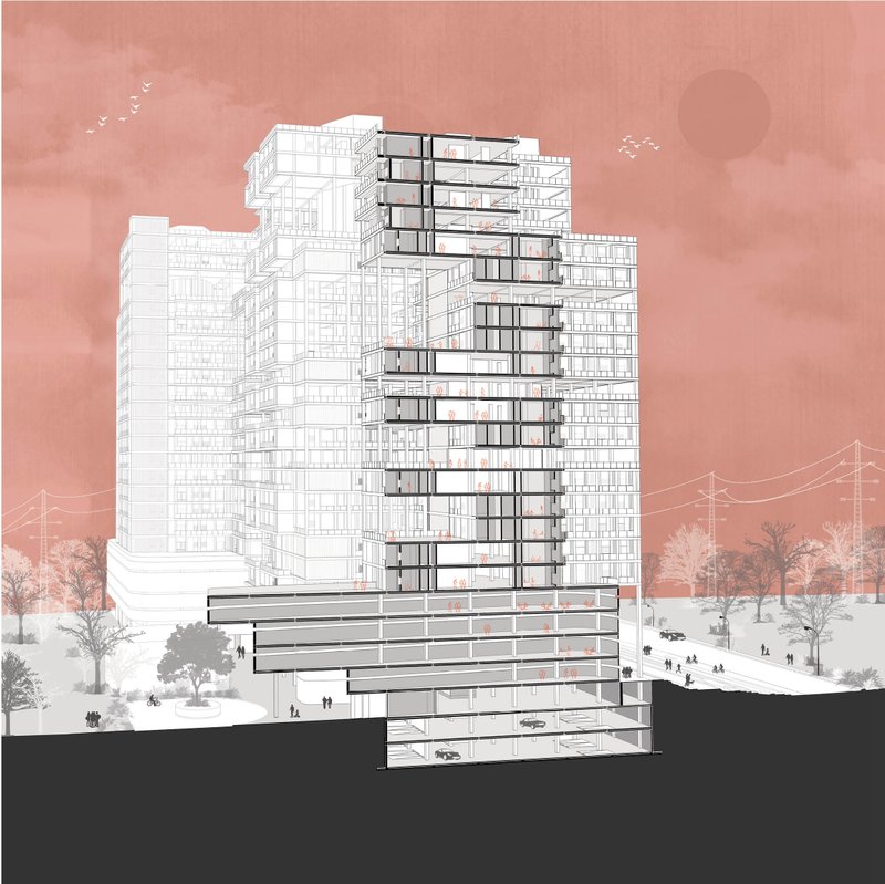 Explores spatial connectivity between commercial, community, and residential zones through tiered terraces.