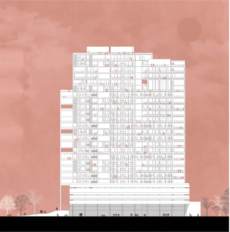 Displays the rhythmic façade composition and double-height spaces that connect the building to the urban street edge.