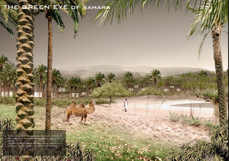 Rendering of an oasis courtyard with palm trees, a camel, and scattered pavilions amid sandy terrain and mountains