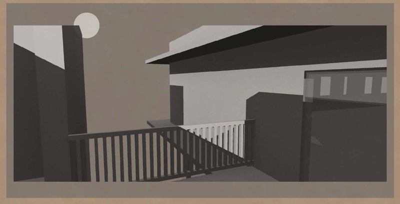 Interior balcony view emphasizing the transitional spaces and shaded walkways that connect the communal living blocks.