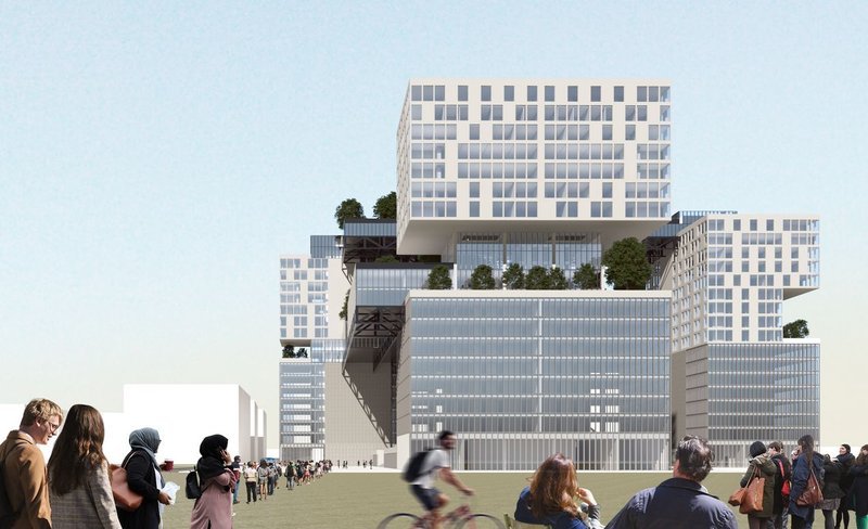 A monumental mixed-use complex rises above the city, combining stacked residential volumes with commercial podiums and elevated greenery.