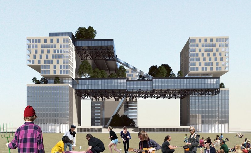 Suspended skybridges connect the towers, forming a dynamic architectural spine filled with coworking and communal spaces.
