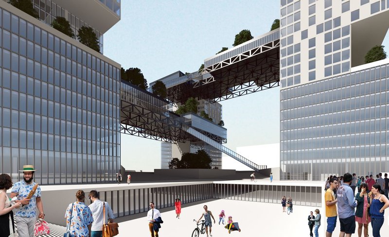 An expansive public realm unfolds beneath the structure, where people gather, socialize, and move through multi-level open spaces.