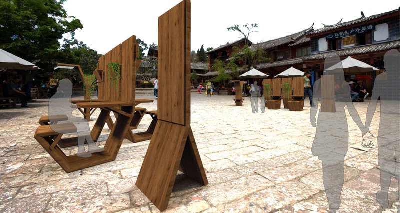 The installation blends harmoniously with Lijiang’s ancient streetscape, offering visitors shaded rest areas and communal seating.