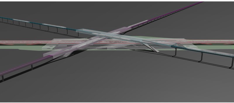 Aerial visualization depicting the integration of multiple transit corridors forming a unified, continuous mobility structure.