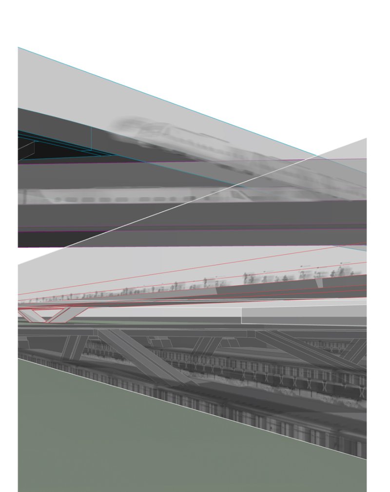 Sectional composition illustrating the coexistence of underground trains, elevated cyclists, and pedestrian movement.