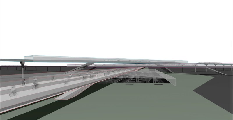 Perspective highlighting the protected, elevated expressway designed for ecological and uninterrupted cycling mobility.