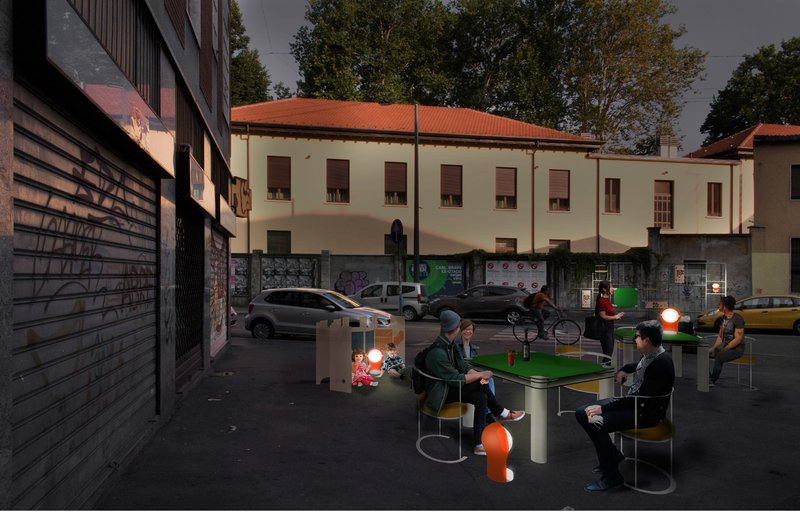 Dynamic lighting and modular furniture transform neglected streets into vibrant evening social spaces for all ages.