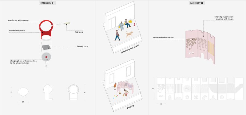 Exploded axonometric diagrams reveal the material logic behind each element — sustainable, lightweight, and context-aware.