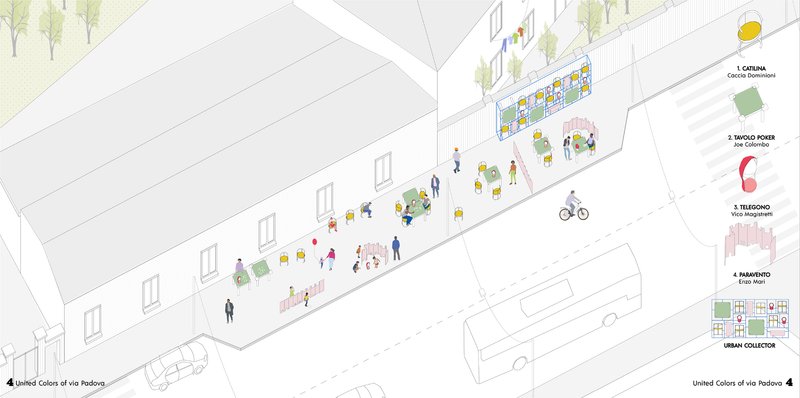 An illustrative masterplan showing the integrated system of furniture modules along Via Padova — redefining informal urban design.