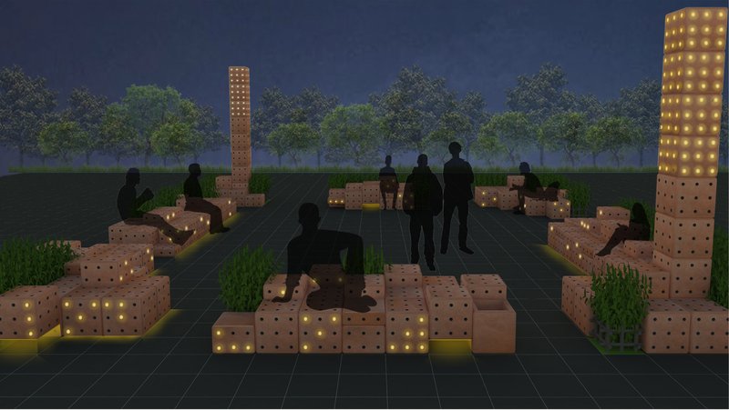 Illuminated public modules activating the nightscape — integrating light, function, and form.