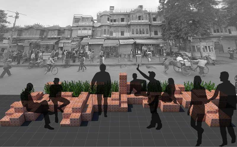 Reimagining Hawa Mahal’s plaza — blending modular urban furniture with historic street life.