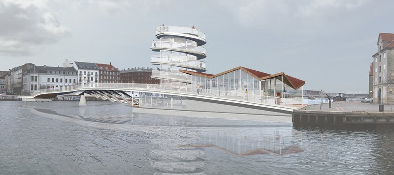 The architectural composition integrates the spiral tower, public deck, and canal-side café into one continuous form.