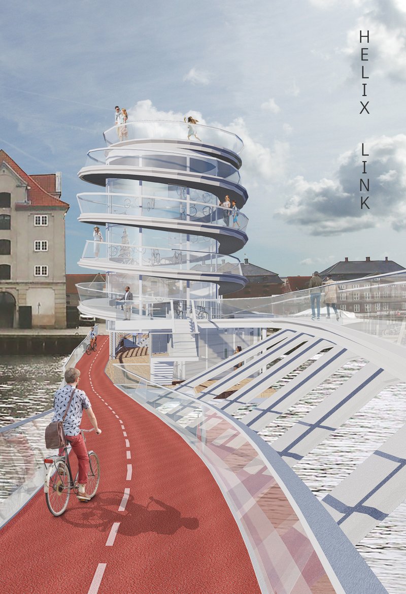 Spiraling bicycle tower connects Copenhagen’s canal fronts through an elevated cycling and pedestrian route.