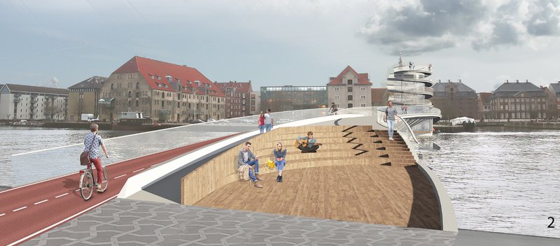 Public seating steps along the bridge encourage interaction and rest beside the waterfront.