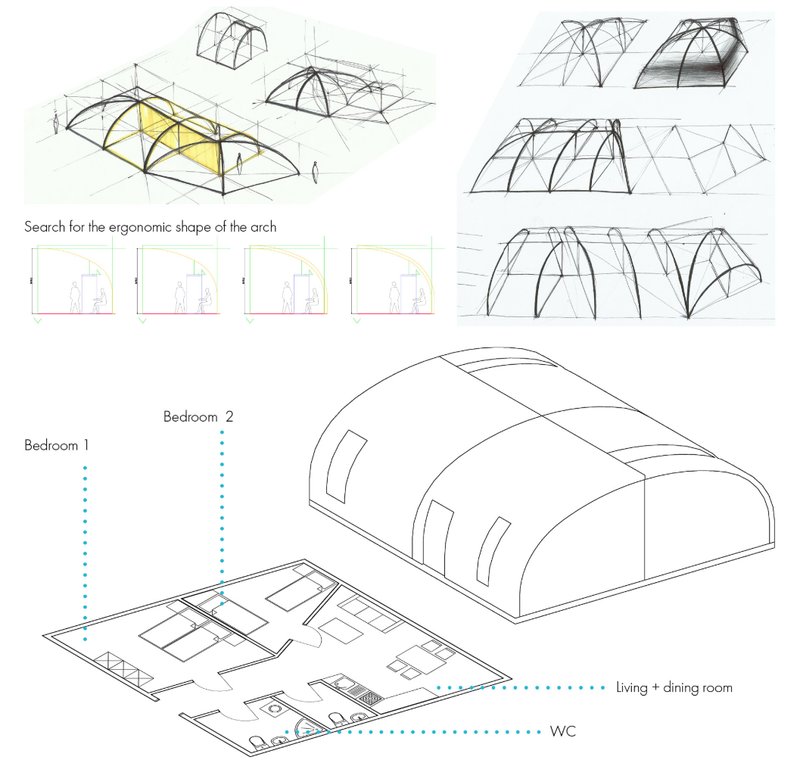 Conceptual sketches exploring modular arch form and spatial ergonomics.