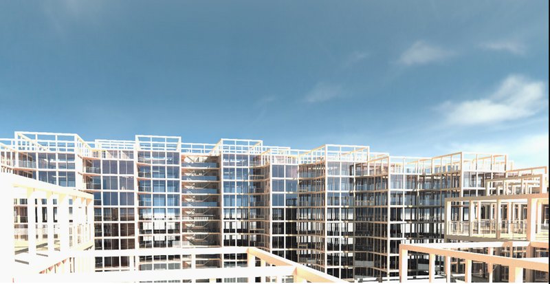 A transparent grid façade that reveals the modular frame, highlighting the openness and adaptability of the architectural system.