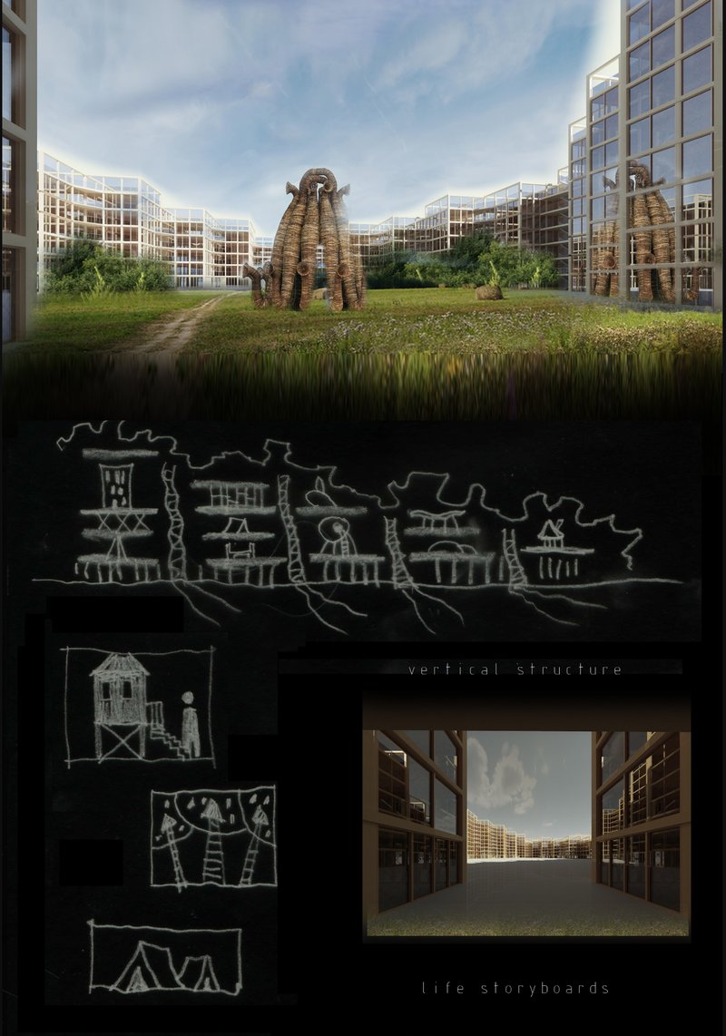 A green central courtyard framed by modular housing, blending nature, sculpture, and vertical community life.