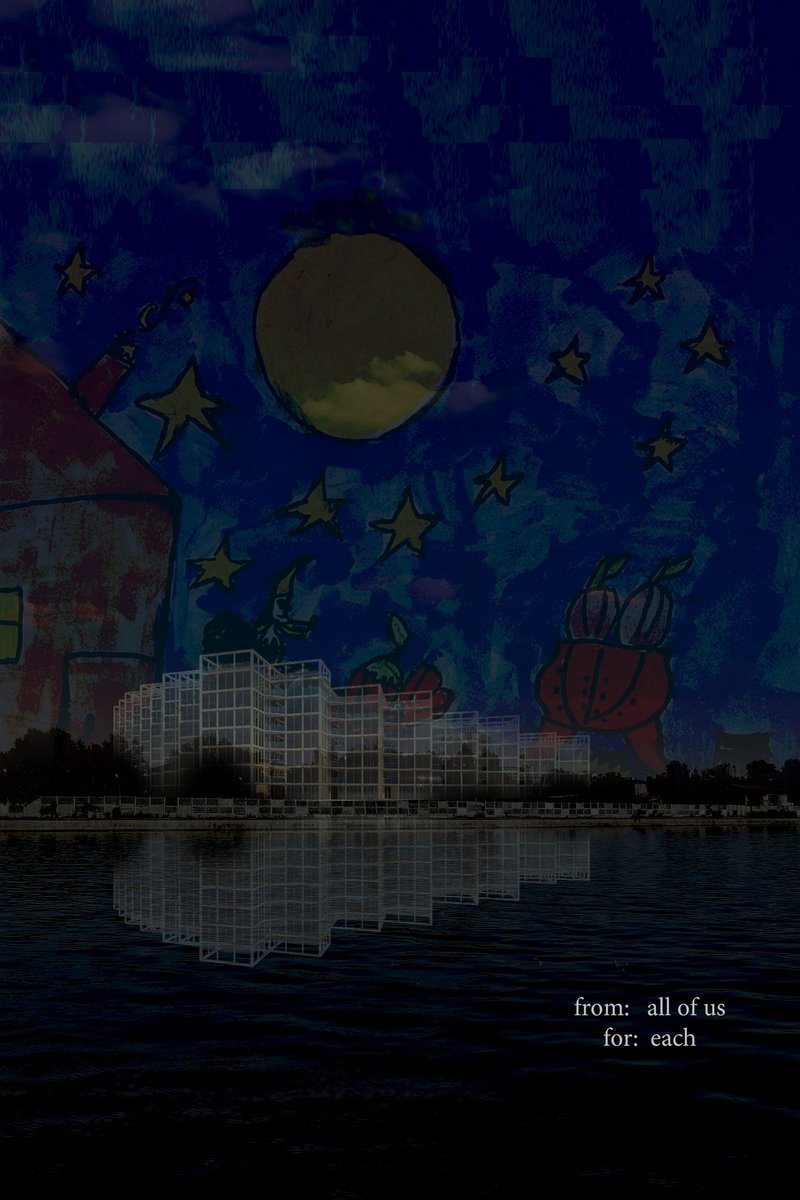 A reflective nightly view where childhood imagery overlays the architectural form, celebrating community, memory, and imagination.
