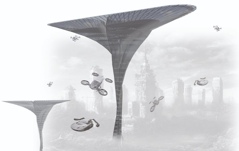 A soaring mega-structure acting as a mobility hub for future flying vehicles, merging sustainable architecture with next-generation urban transport.