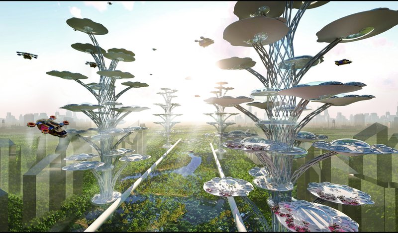 A sweeping daytime view of the hybrid vertical towers rising above a restored green landscape, connected by elevated sky-decks and VTOL activity.