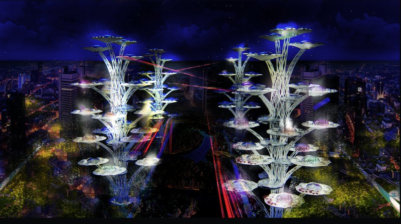 The hybrid skyscrapers glow at night, forming a luminous vertical network that transforms the city’s skyline into an elevated urban ecosystem.