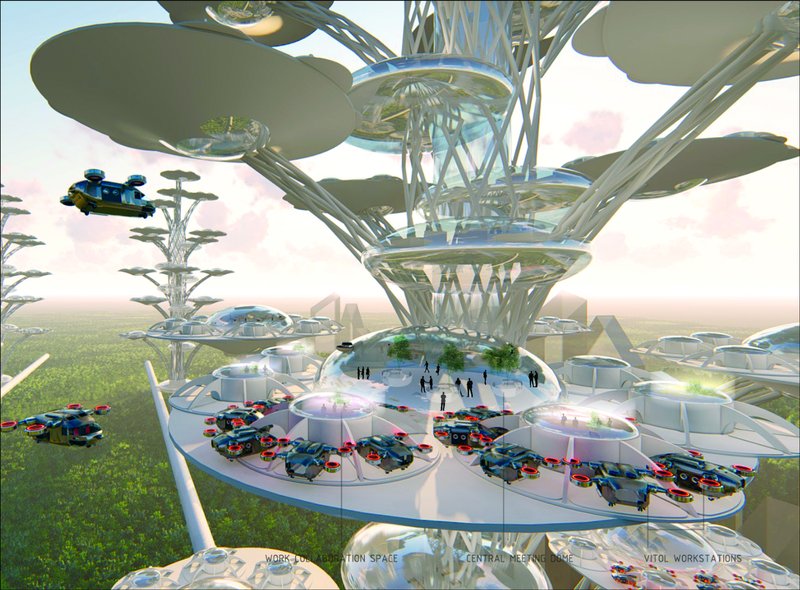 Close-up view of the collaborative decks where VTOL pods dock around a transparent central meeting dome suspended high above the landscape.