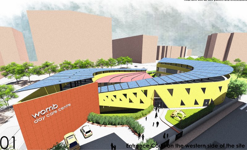 The western façade welcomes visitors through a shaded entrance framed by photovoltaic panels and geometric screens.