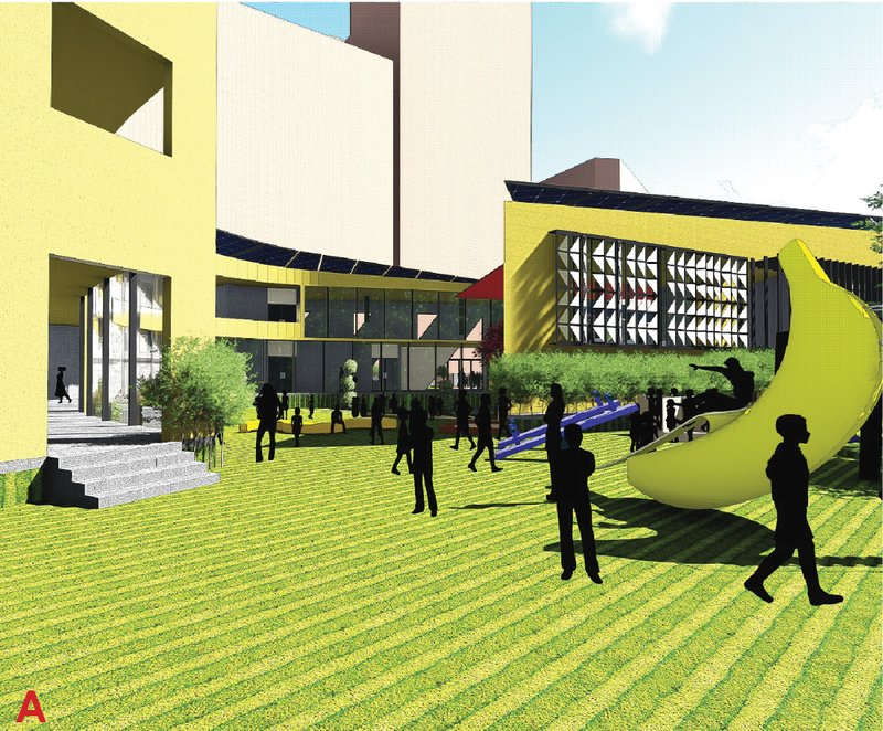 Playfield with swings and slides designed for ages 5–7, offering shaded zones and open green play areas.