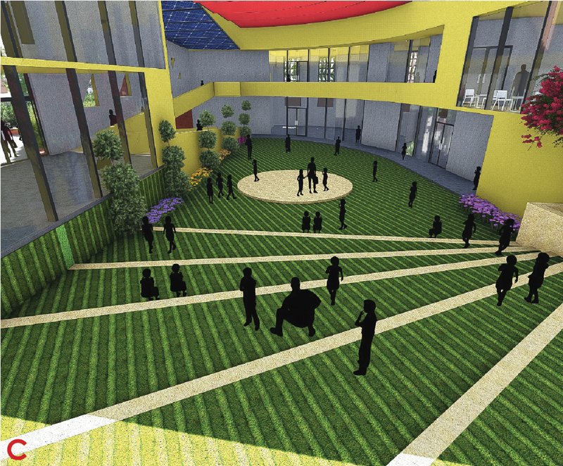 Central performance court and gathering space for ages 1.5–3, blending play and learning in a protected environment.