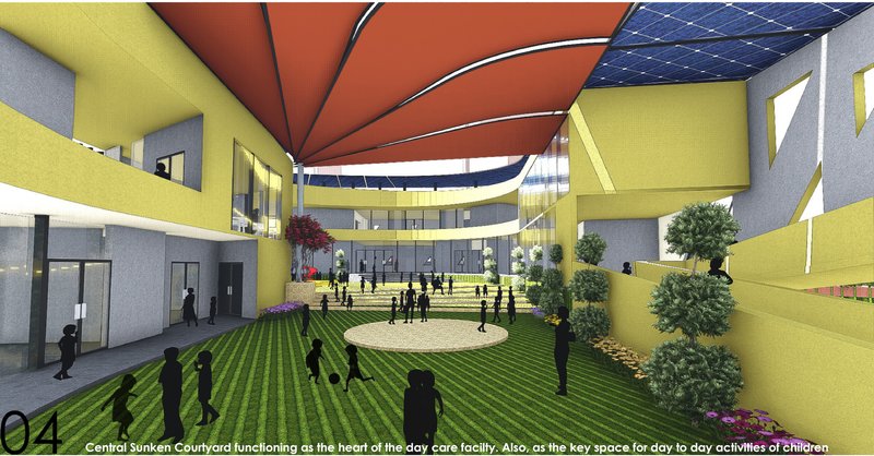 The sunken courtyard acts as the heart of the daycare, featuring tensile shading and lush greenery that foster comfort and play.