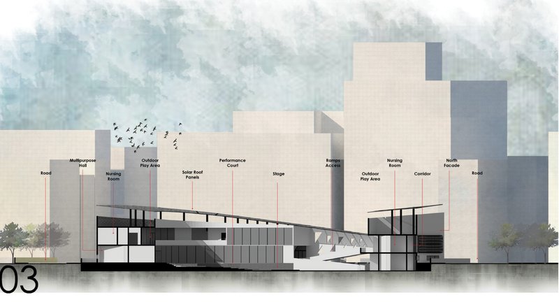 A sectional view illustrating spatial hierarchy, solar roof panels, and the relationship between indoor and outdoor play zones.
