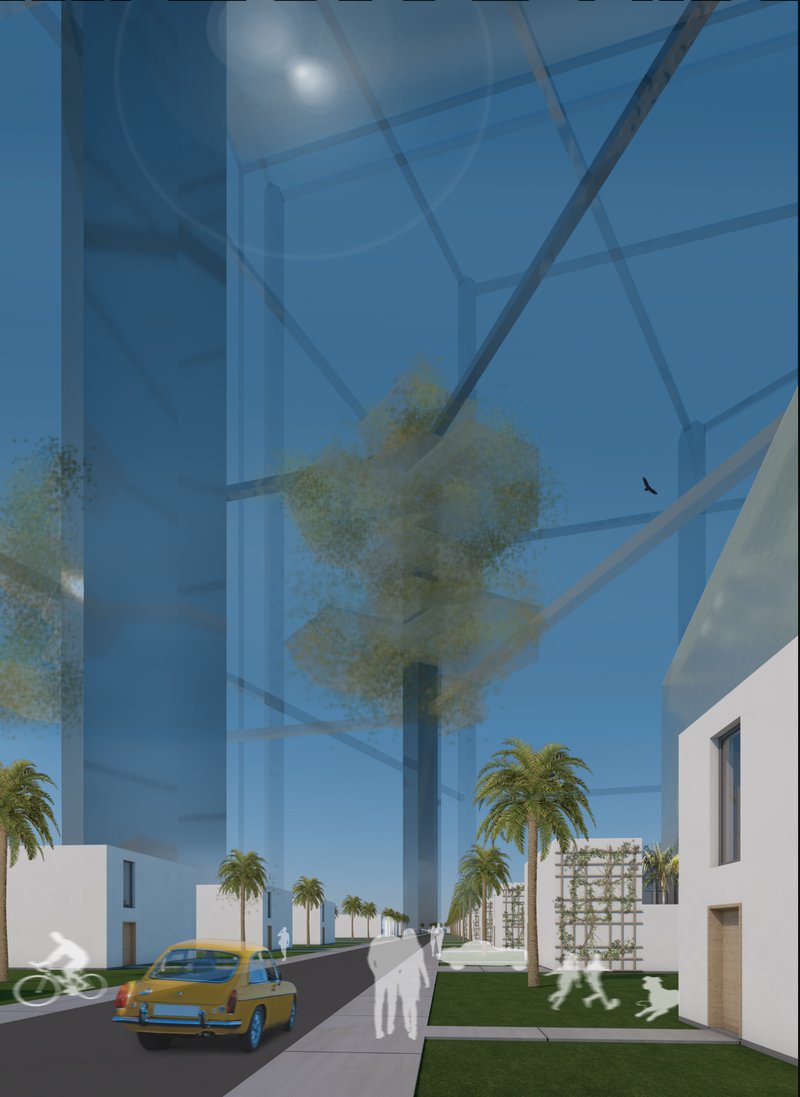 A vibrant urban street beneath the towering cube frame, blending nature, mobility, and futuristic environmental engineering.