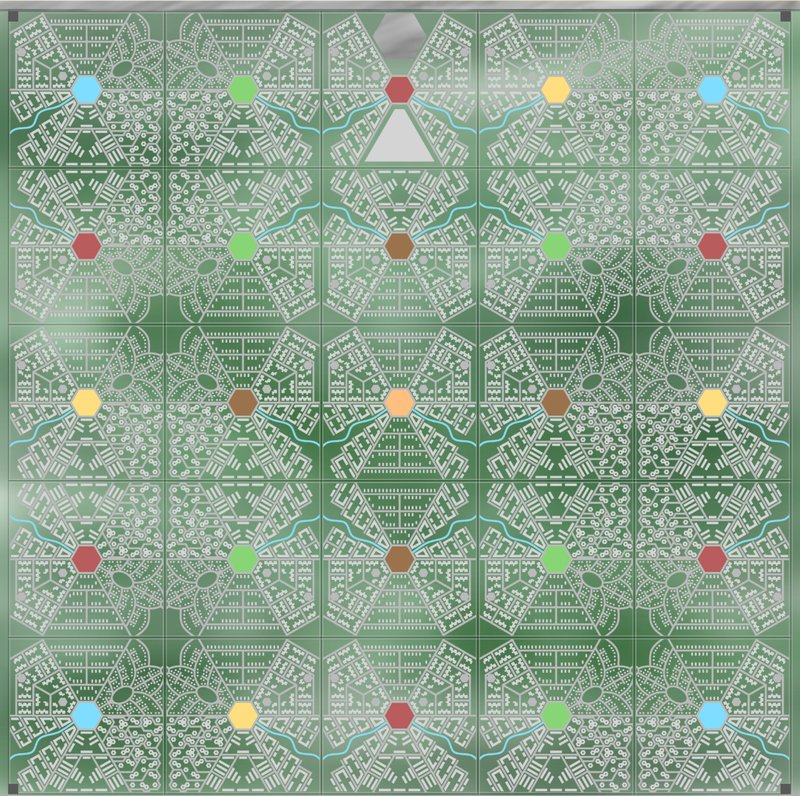 A modular urban grid forming a self-sufficient desert habitat within the Cube Zero megastructure.