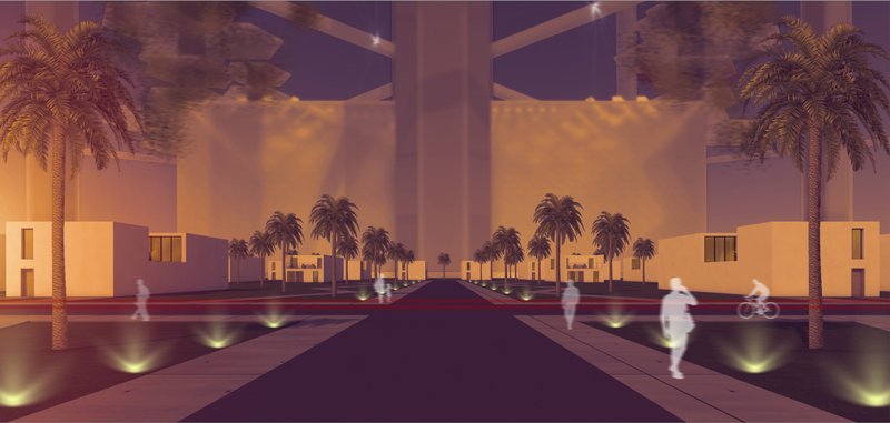 A dramatic evening perspective showcasing controlled climate, shaded pathways, and low-rise desert housing.