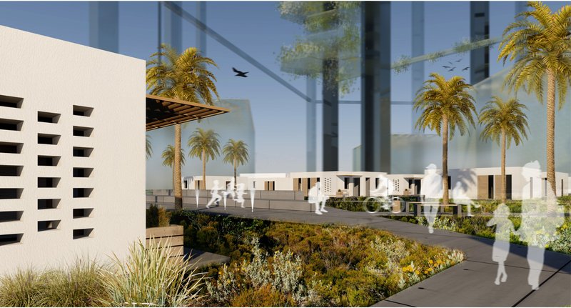 A serene pedestrian path framed by greenery and modern desert homes under the protective cube envelope.