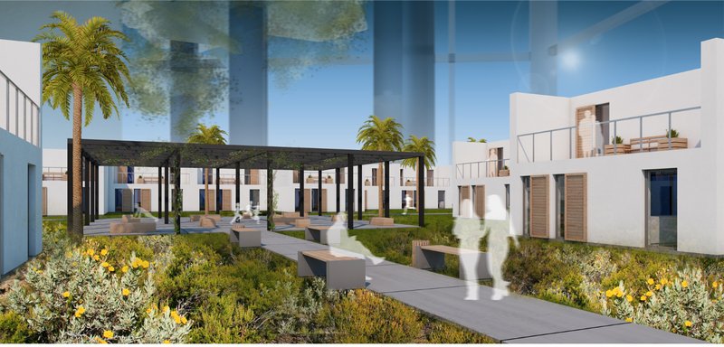 A community courtyard with shaded seating and desert landscaping at the heart of the residential district.