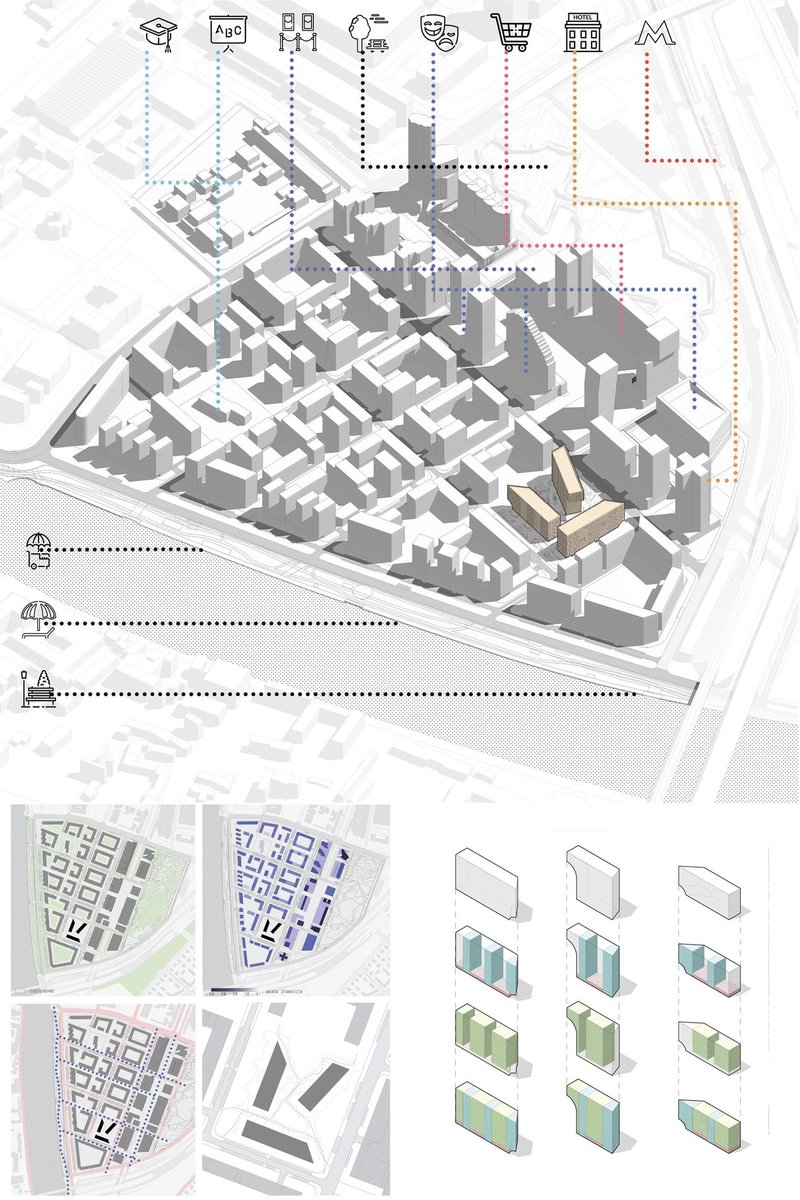 Urban connectivity diagram showing Hustle Hub integrated into a dense mixed-use district with links to key city functions.