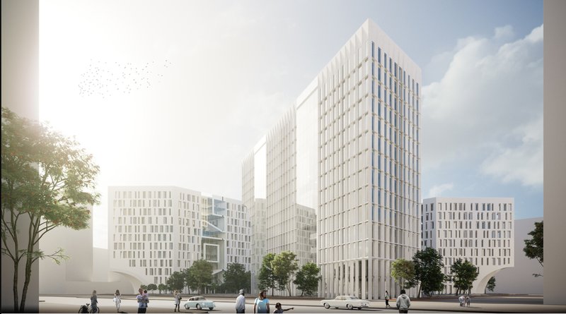 Street-level view of Hustle Hub’s sculpted towers and bright public plaza, emphasizing openness and urban presence.