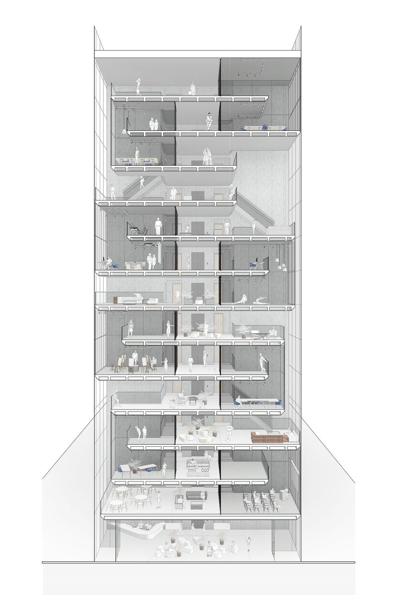 Detailed sectional perspective revealing stacked communal programs, work zones, social spaces, and co-living units.