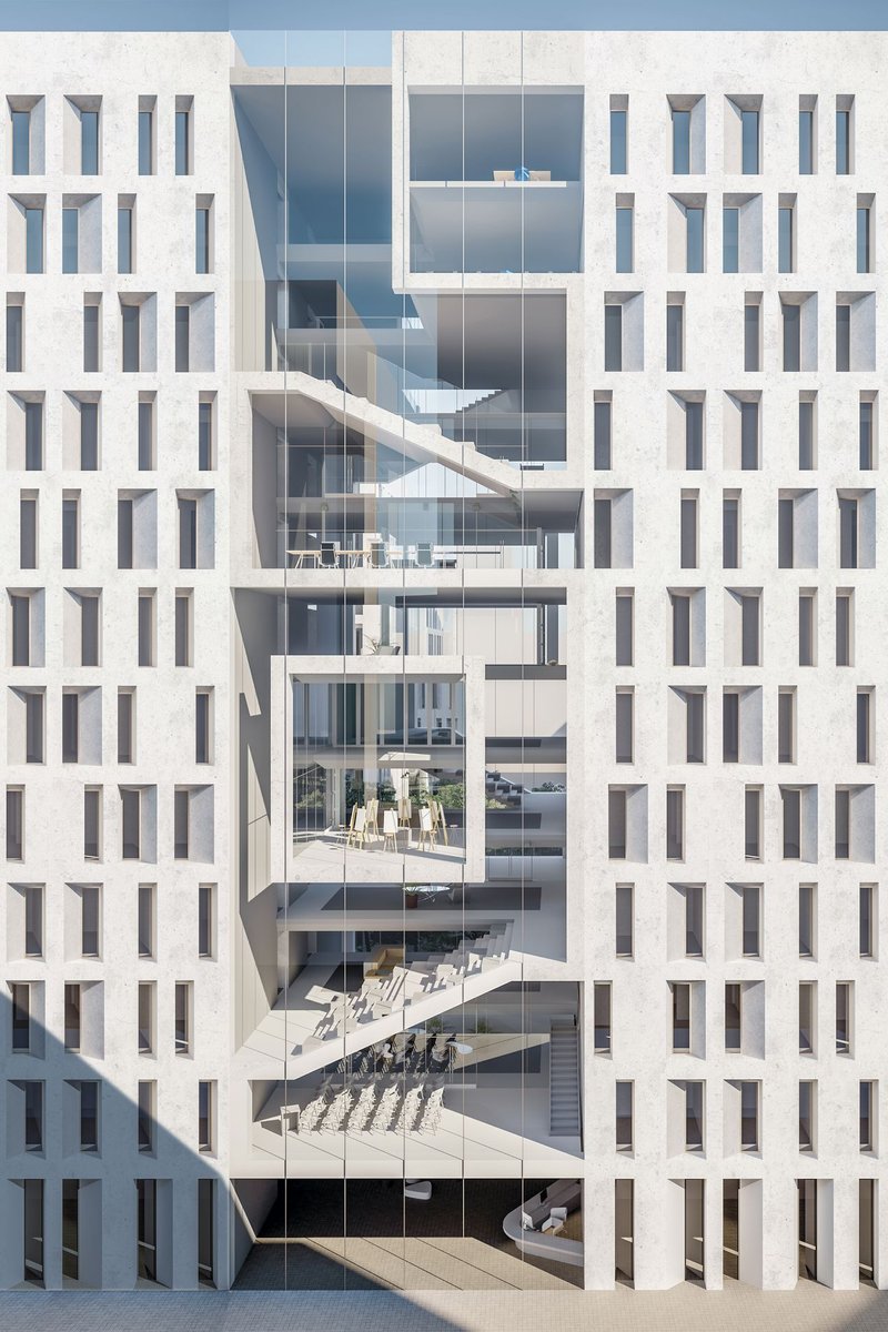 Façade cutaway displaying double-height collaborative spaces, open terraces, and transparent community interiors.