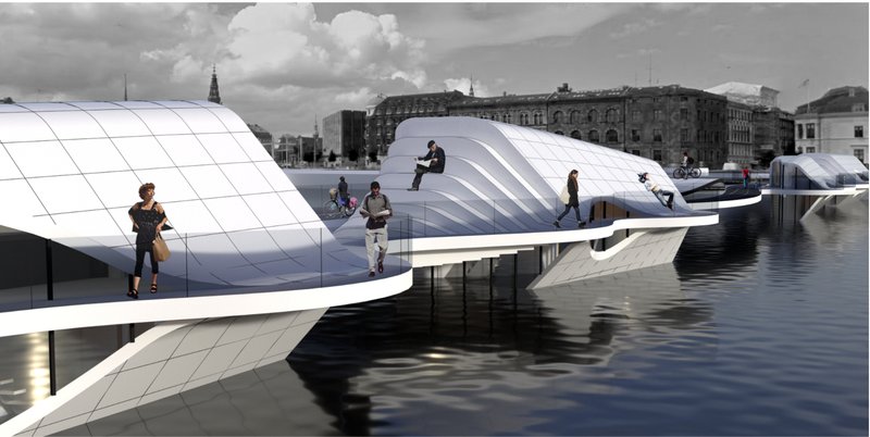 A flowing architectural landscape where pedestrians and cyclists move seamlessly across the bridge, merging structure with city life.