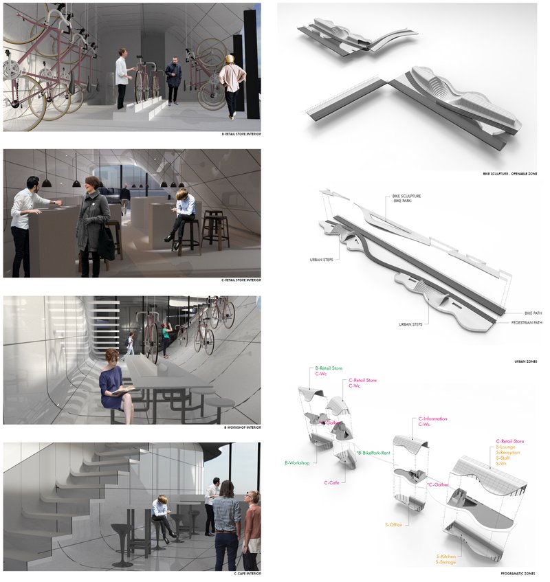 Layered interiors host bike rentals, cafés, and workshops—transforming the bridge into a vibrant, multifunctional public platform.